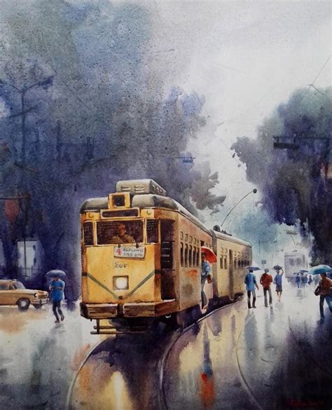 "Monsoon Kolkata 5": Yellow Acrylic Painting by Sankar Das | ArtZolo.com