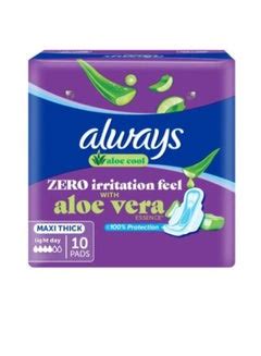 فوط صحية كبيرة وسميكة من أولويز، خالية من التهيج، مزودة بأجنحة، 10 قطع Always Zero Irritation Maxi Thick Large Pads with Wings, 10 Pieces