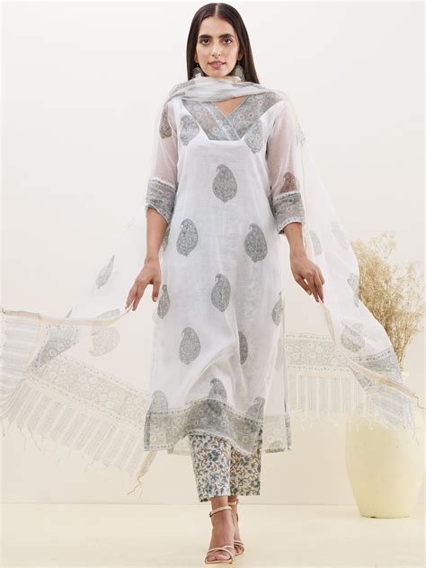 Rozana Sunaina Set Of Kota Doria Kurta Pants Dupatta – InduBindu