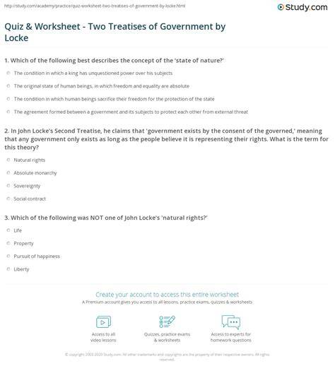 Quiz & Worksheet - Two Treatises of Government by Locke | Study.com