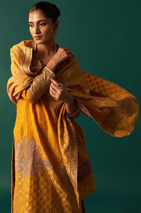 Yellow Embroidered Jacquard Straight Festive Kurta with Culotte and Du