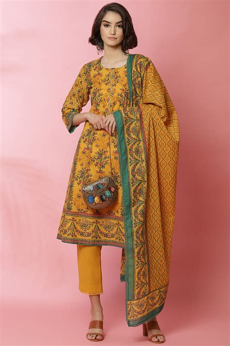 Mustard Cotton Straight Kurta Slim Pant Suit Set at Biba India
