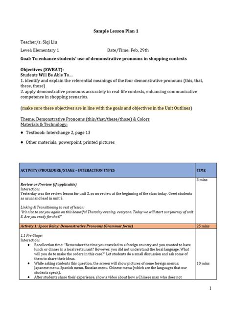 Image result for Language Learning Lesson Plan Example