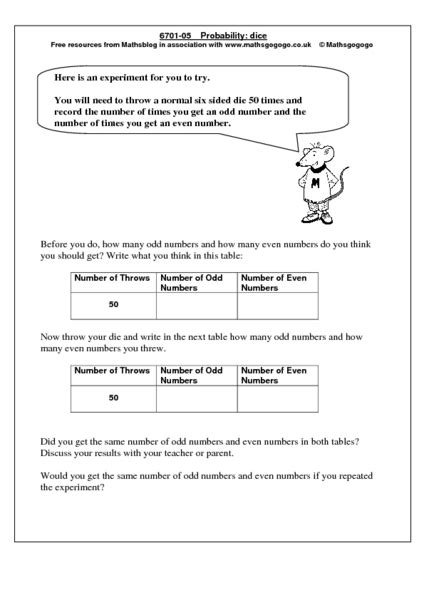 Probability: dice Worksheet for 3rd - 5th Grade | Lesson Planet