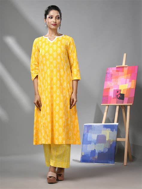 Yellow Cotton Kurta & Palazzo Set With Ethnic Prints – Charukriti