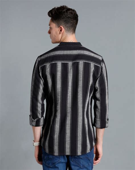 IDENTITI Men Slim Fit Mandarin Collar Striped Shirt In Black