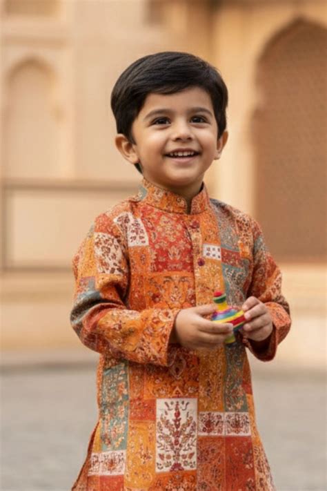 Rust Patchwork Print Festive Kurta Dhoti Set for Boys – Lagorii Kids