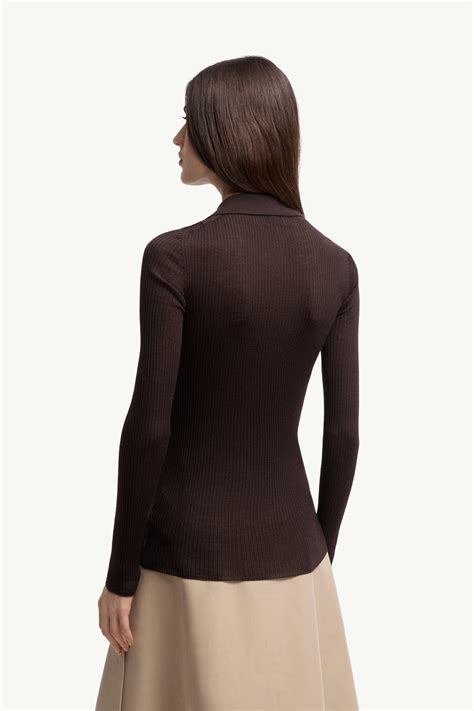 Brown Wool Long Sleeve Polo Shirt - Tops & T-Shirts for Women | Moncler SG