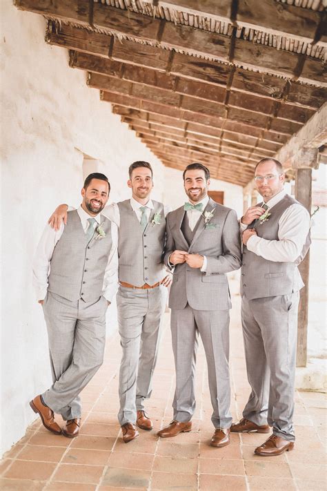Brown shoes, light grey suits, sage green ties, groomsmen style ...