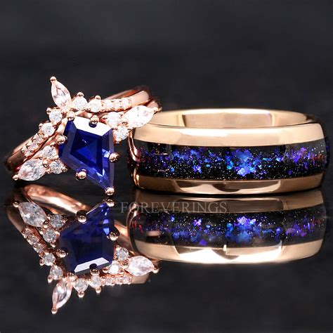 Orion Nebula Ring Set Rose Gold, His and Hers Wedding Bands, Blue ...