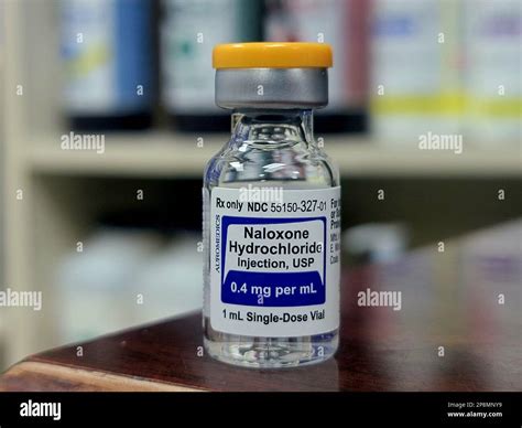 A closeup shot of a glass vial of Narcan 0.4mg per ml for emergencies ...