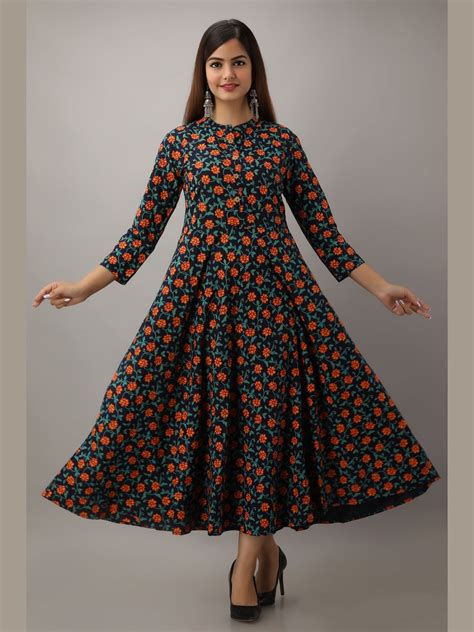 Cotton Printed Mandarin Neck 3/4 Sleeve Flared Ankle Length Kurta ...