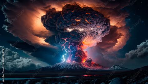 Lightning in ash cloud during a volcano eruption, generative ai Stock ...