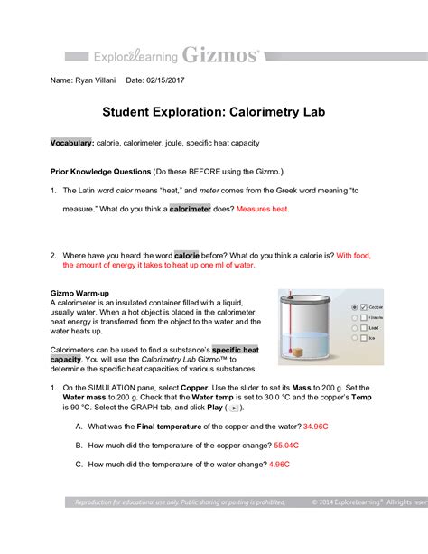 Student Exploration: Calorimetry Lab with verified answers - Studanswers
