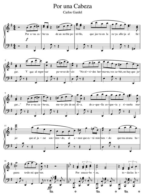 Por Una Cabeza, Digital Piano Music Sheet, Carlos Gardel Argentine ...