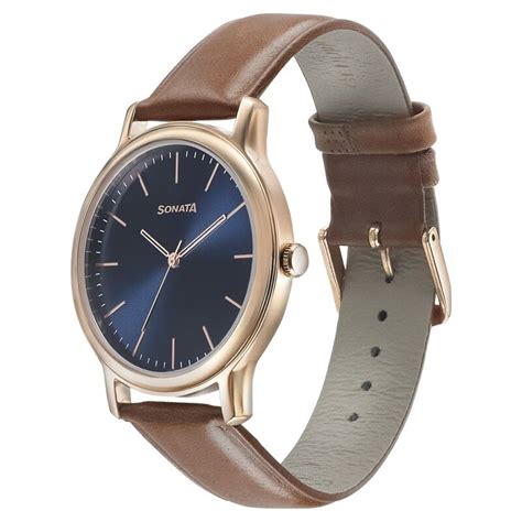 Buy Online Sonata Beyond Gold Quartz Analog Blue Dial Leather Strap ...