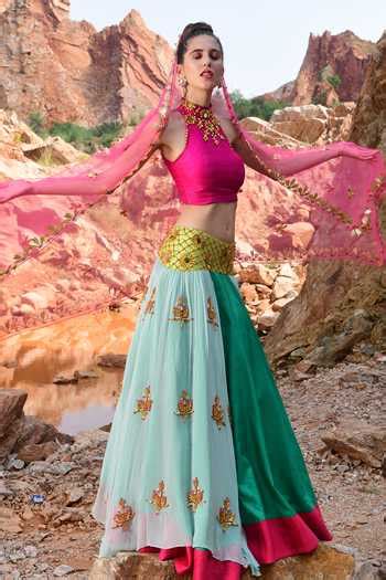 Buy Blue Raw Silk, Georgette High Neck 3d Embroidered Lehenga Set For ...
