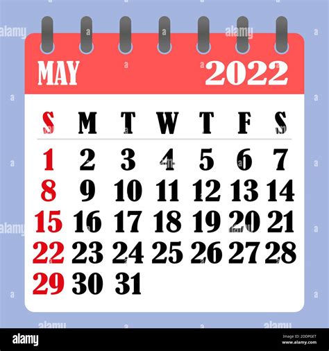 Letter calendar for May 2022. The week begins on Sunday. Time, planning and schedule concept ...