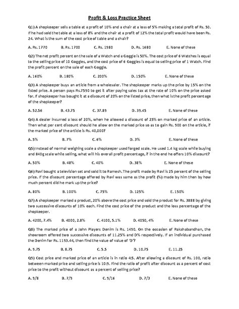 Profit & Loss Practice Sheet - Profit & Loss Practice Sheet Q1) A ...