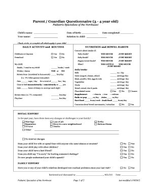 Parent / Guardian Questionnaire (3 - 4 Year Old) - Fill and Sign ...