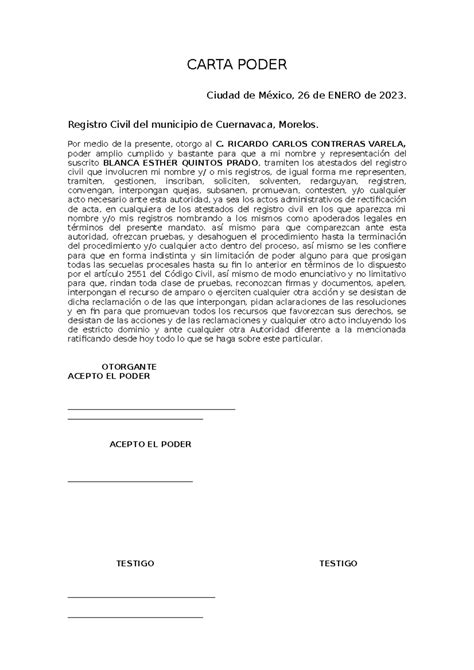 Carta Poder Registro Civil - CARTA PODER Ciudad de México, 26 de ENERO ...