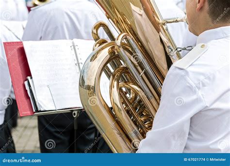 Musician are Playing a Brass Bass Tuba in Military Orchestra Stock ...