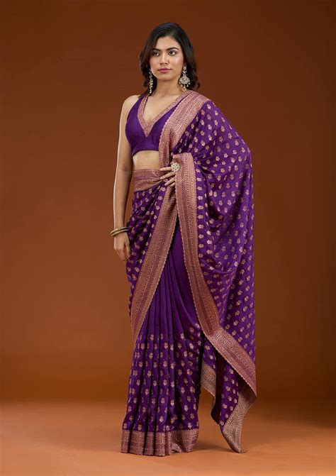 Buy Purple Zariwork (Antique) Soft Raw Silk Saree - Koskii