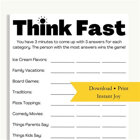 Think Fast Printable Game, Family Game Night, Family Reunion, Small ...