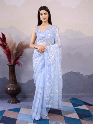 Buy VAIRAGEE Kohinoor Blue Net Embroidered Saree with Unstitched Online