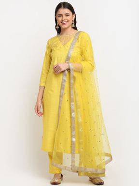 Glowing Yellow Sequinned Yoke Straight Kurti with Pants and Sequin Dup ...