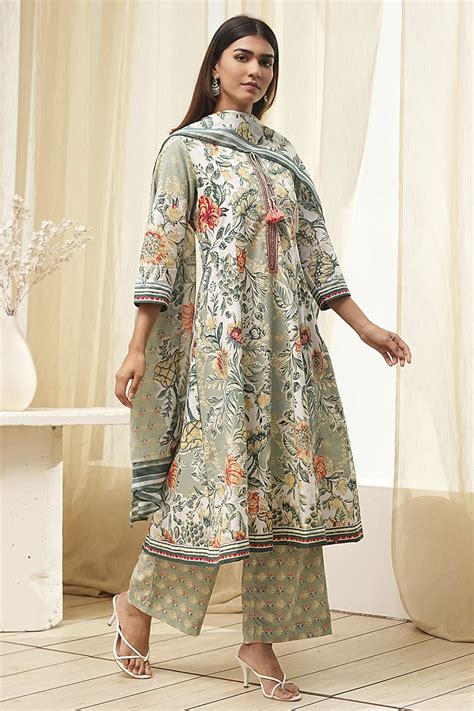 Sage Green Pure Cotton Floral Kalidar Suit Set Kurta,Palazzo,Dupatta at ...