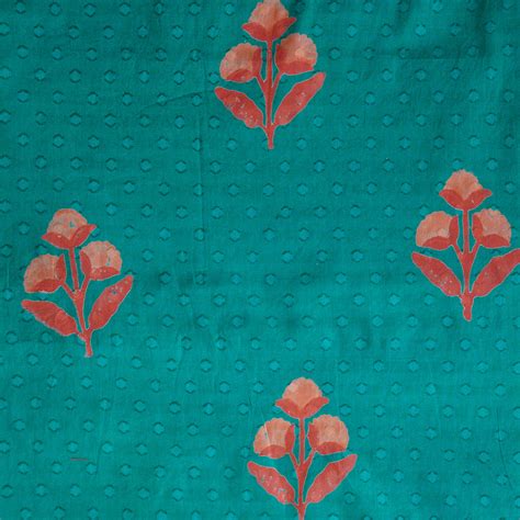 Pure Cotton Doby Discharge Teal Green With Peach Big Flower Motifs Han ...