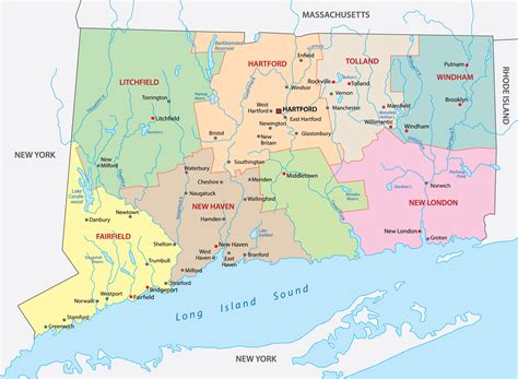 Map of connecticut state with cities and counties _ detailed map of ...