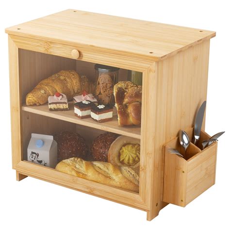 Buy Bamboo Bread Box 2 Layer Kitchen Countertop Bread Bin Cake Box ...
