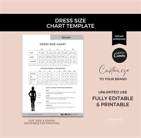 Editable Dress Size Chart Template Canva, Womens Dress Sizes Guide ...