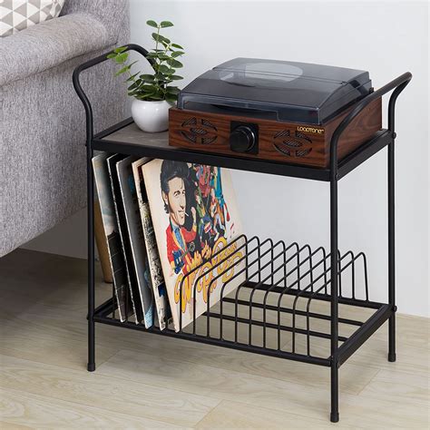 MyGift Black Metal Record Player Stand with Vintage Gray Wood Top ...