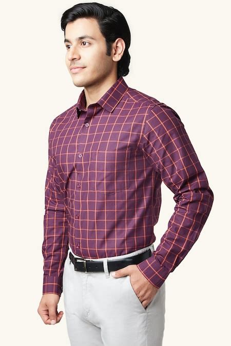 Wine Checked Formal Full Sleeves Shirt Collar Men Slim Fit Formal ...