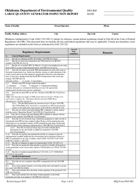 Fillable Online Large Quantity Generator Inspection Checklist - The ...
