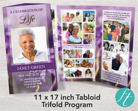11x17 Trifold Purple Flowers Funeral Program Template (sku: 11x17 ...