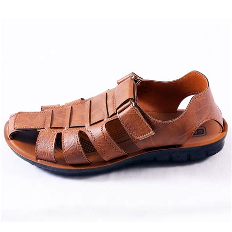 Men's Closed Toe Rich Luxury PU Leather Brown Sandals SMD Footwear