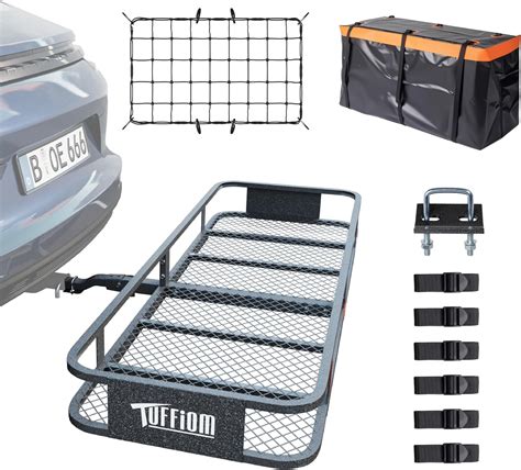 TUFFIOM 60"x20"x6" Folding Hitch Mount Cargo Carrier Basket, 500lbs Steel Car Cargo Trailer ...