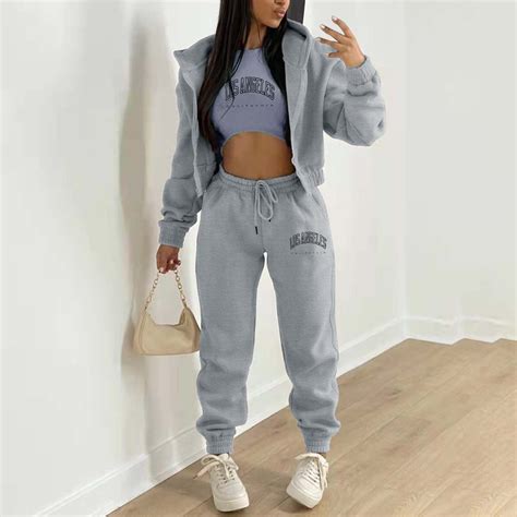 Women's Lined Letter Print Hooded Sport Casual Tracksuit 3 Piece Set ...