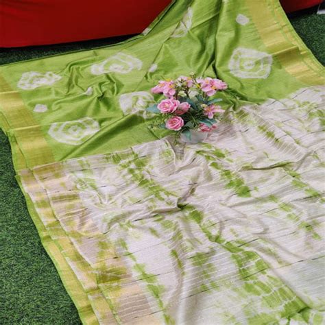 Pista green & white color Khadi Tradition bandhani shibori saree with ...