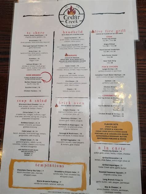 Cedar Creek Grill Menu at Amber Boniwell blog