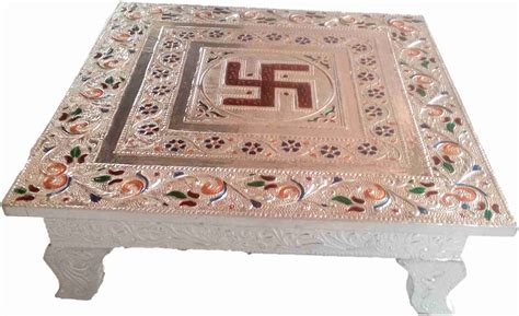 Dinesh Handicraft Aluminum Metal Coated Wooden Pooja Chowki with ...