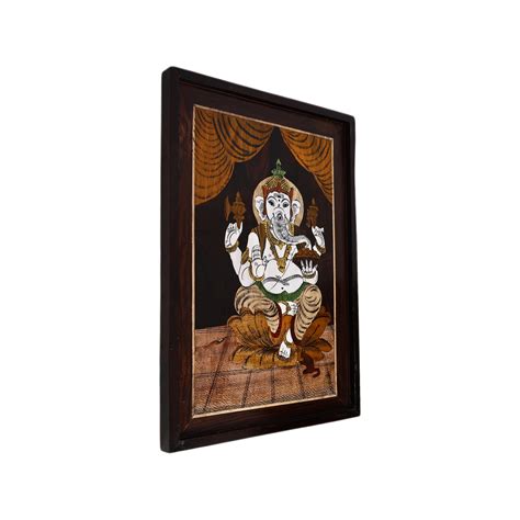 Mysore Inlay Rosewood Painting – Lord Ganesha Seated on a Lotus – Natriel