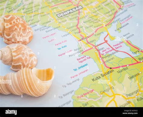 Bali Travel Maps with Seashells and with popular destination is Tuban Beach, Kuta Beach, Legian ...