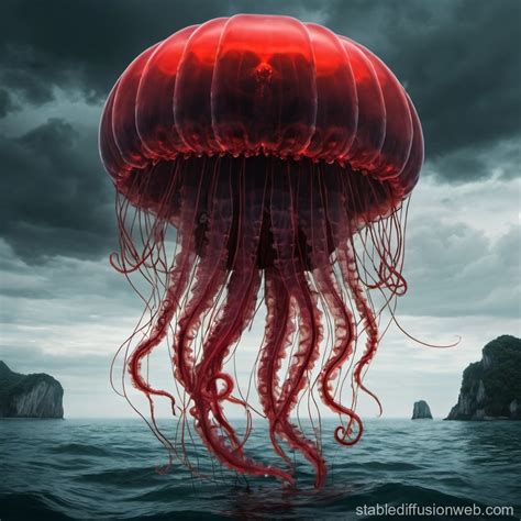 Giant Red & Black Jellyfish Deity Over Sea | Stable Diffusion Online