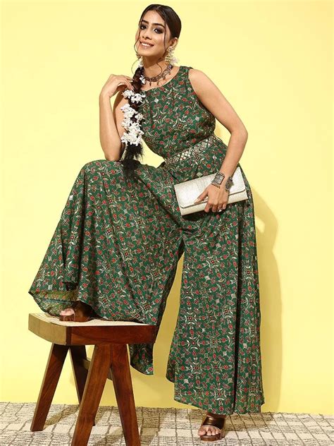 Buy Green Printed Silk Blend Jumpsuit With belt Online at Rs.809 | Libas