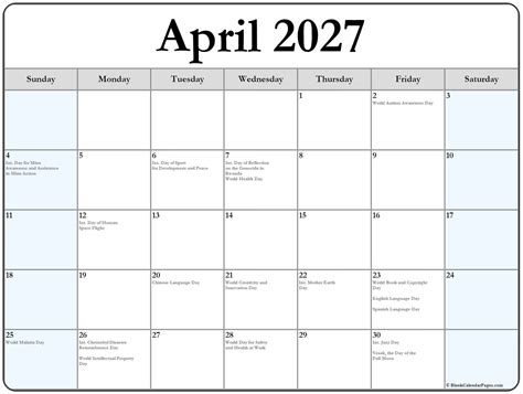 April 2027 with holidays calendar
